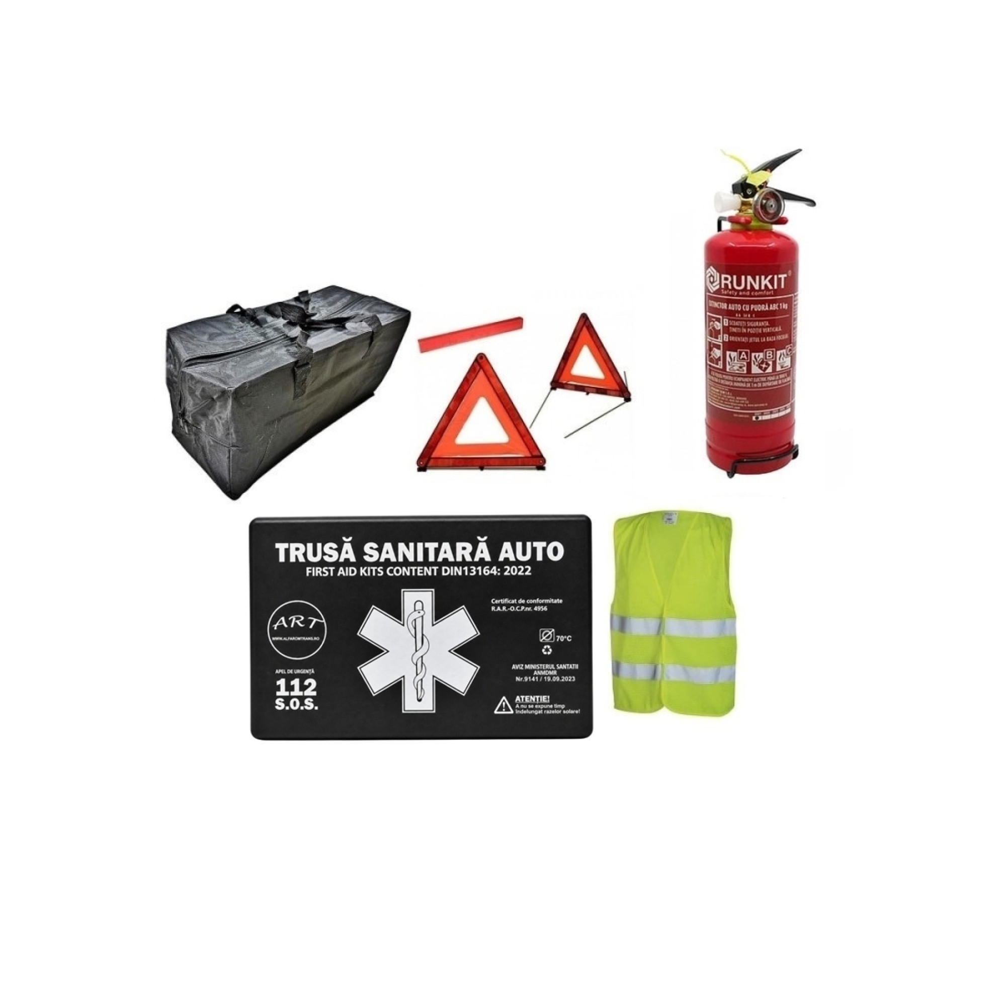Kit siguranta auto complet trusa medicala omologata RAR 2 triunghiuri , vesta , geanta , stingator 1kg cu manometru