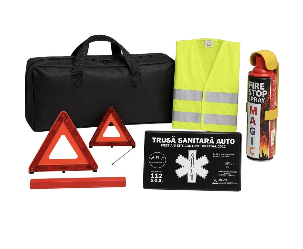 Kit Siguranta Auto Complet Trusa Medicala Vesta Reflectorizanta Stingator Triunghiuri Geanta Omologate